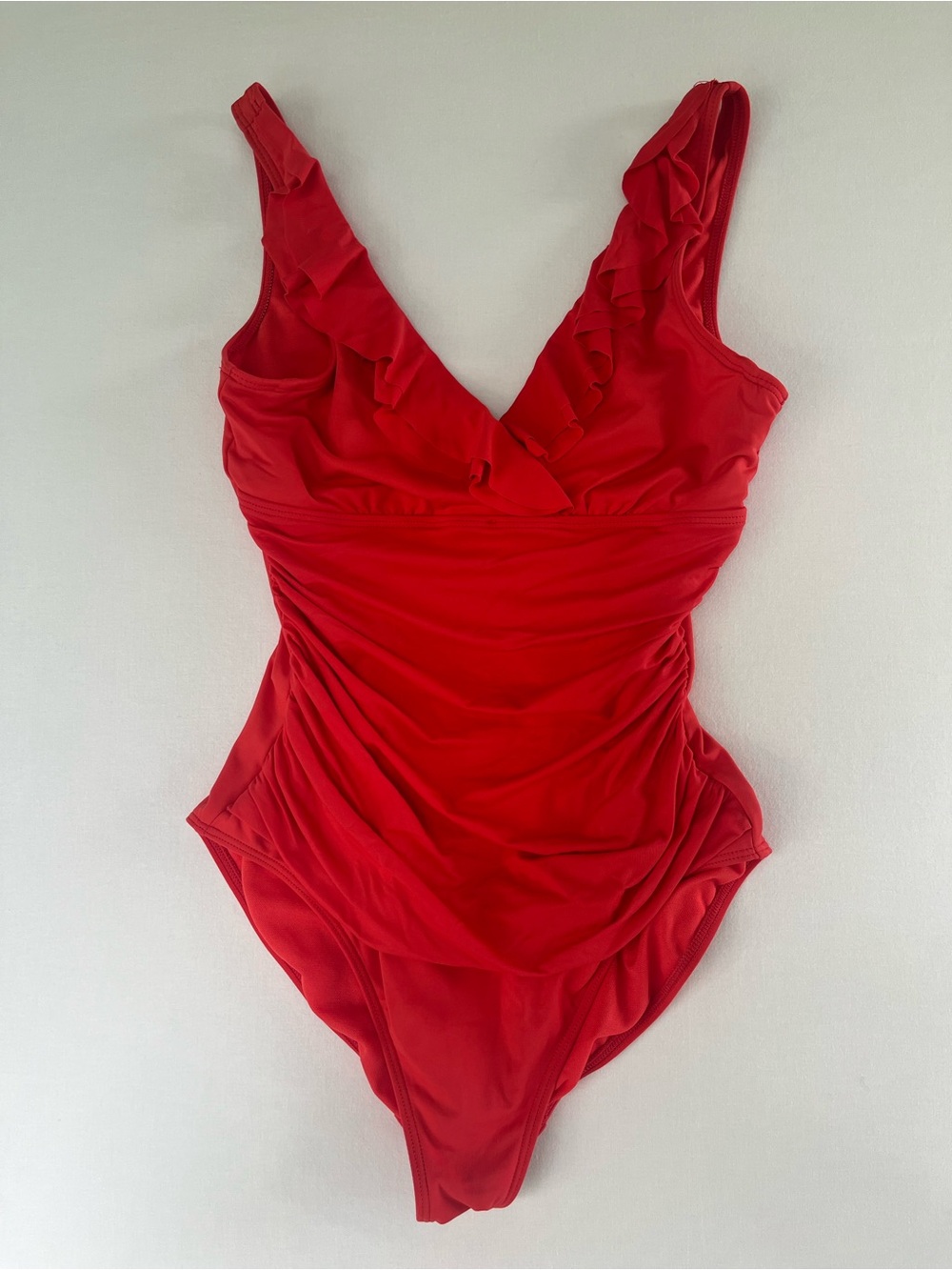Ralph Lauren Red Ruffle Surplice V-Neck One-Piece Swimsuit Tummy Control size 8